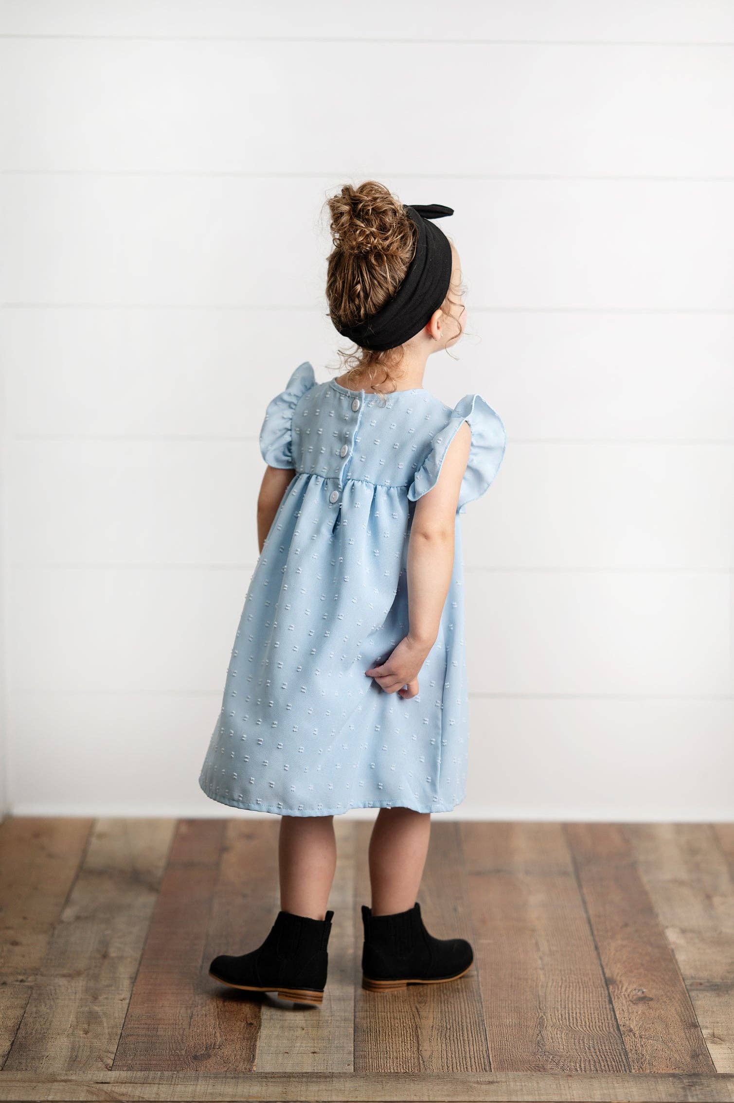 Wren & James - Wholesale Dress - Kids - Girls Dusty Blue Ruffle Bib Swiss Dot Spring Summer Dress2