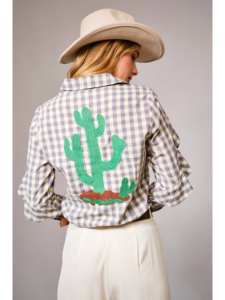 GREY 23566T - Gingham Embroidered Western Snap Blouse for wholesale on Faire