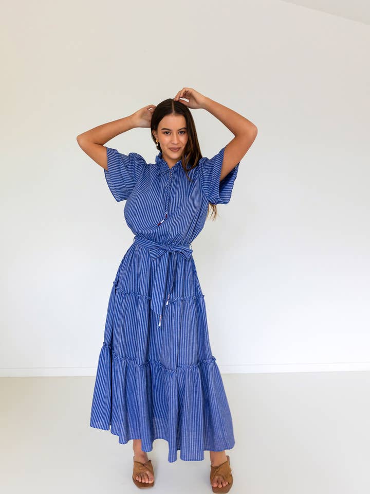 Kopal – wholesale Dress – Women's – Ranika Dress - Indigo Stripe Hand Spun Khadi