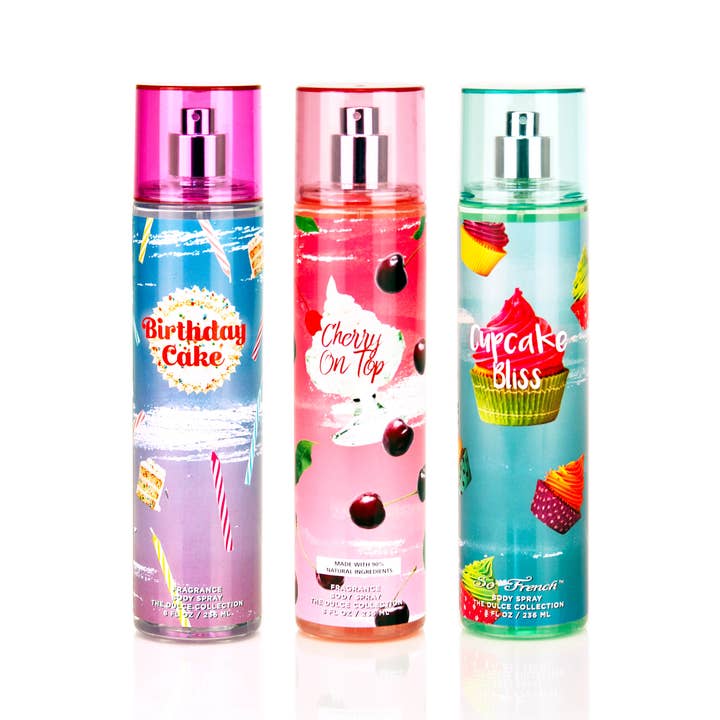 So French Perfumes - Wholesale Face & Body Mist/Water - The Dulce Collection 3-Piece Patisserie Body Spray Set
