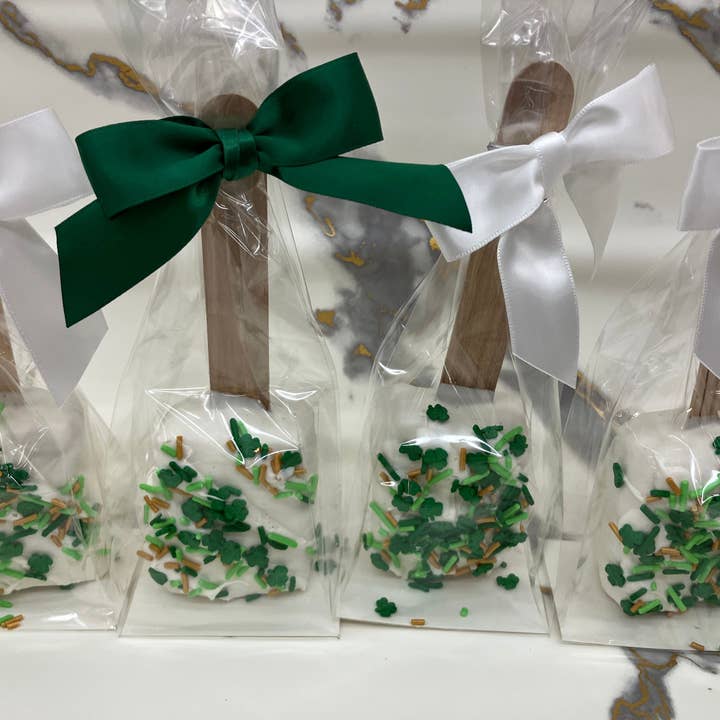 St Patrick's Day Chocolate Covered Rice Krispie Treat's on a stick 4 bags of 1 each for wholesale by Bear Creek Candy Kitchen