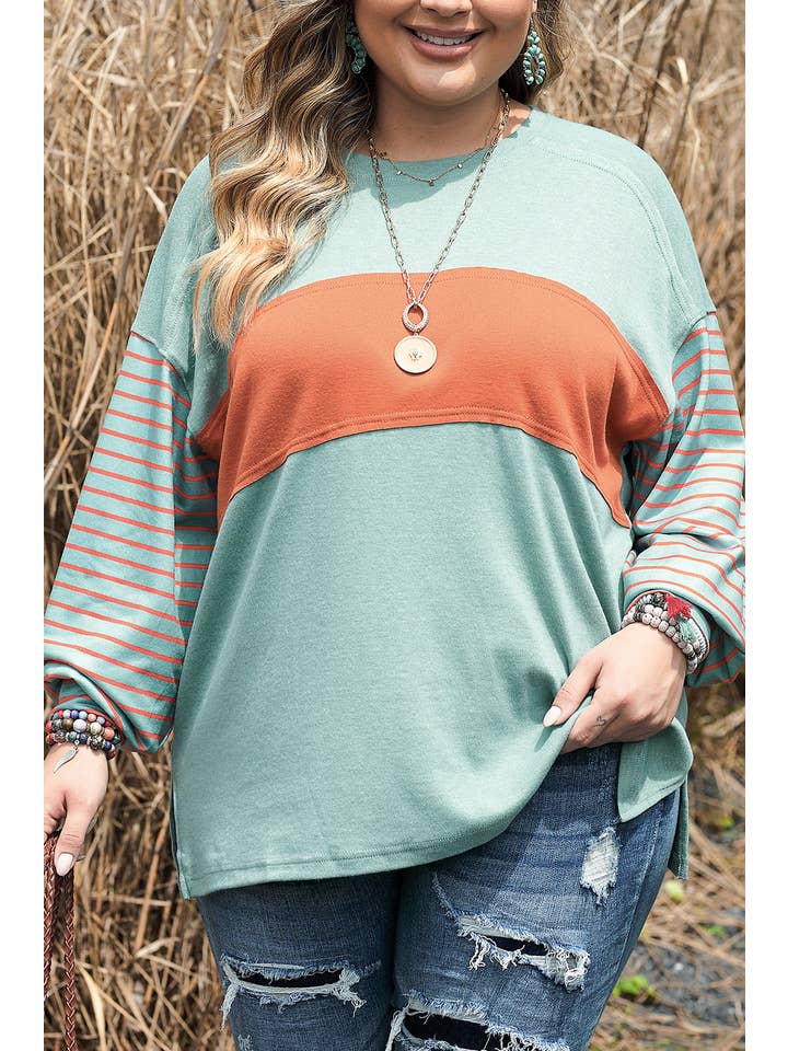 Green Casual Colorblock Striped Long Sleeve Top Women(S-2XL) for wholesale on Faire