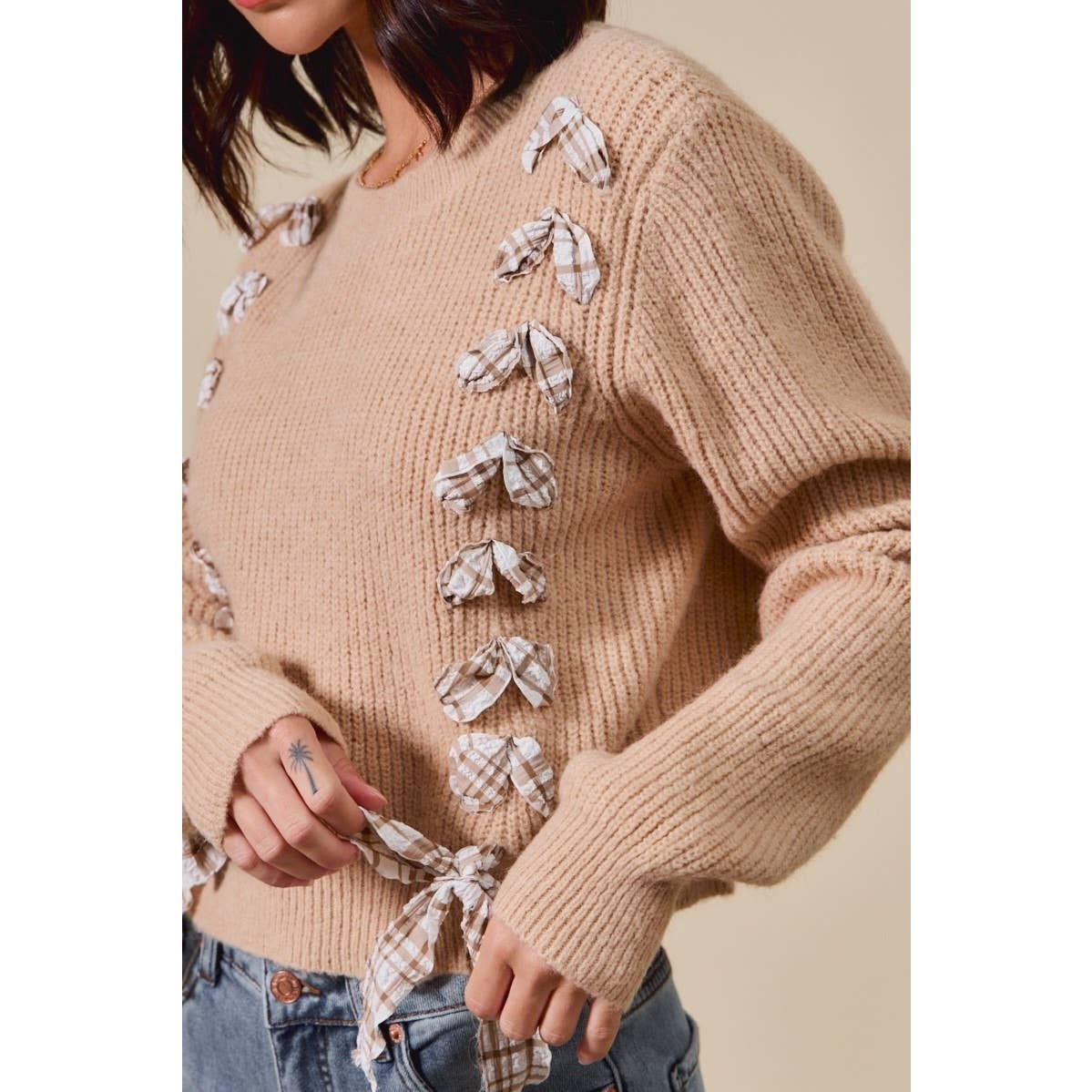 IVE - Wholesale Knit Sweater - Women's - Checkered Plaid Tape Lace Up Sweater Top13