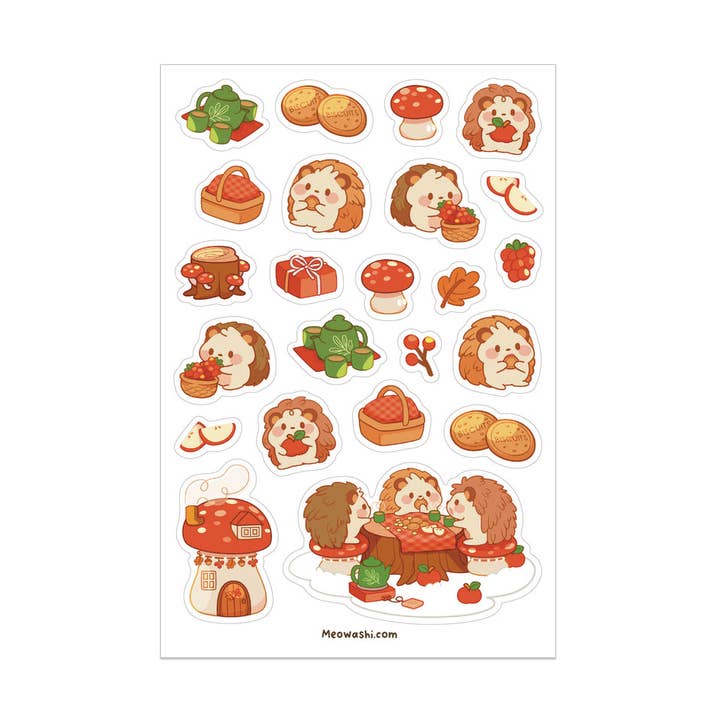 Hedgehog Tea Party Clear Sticker Sheet for wholesale by Meowashi Studio