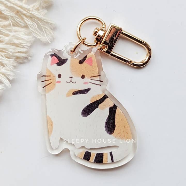 White Calico Cat Keychain for wholesale by Sleepy House Lion