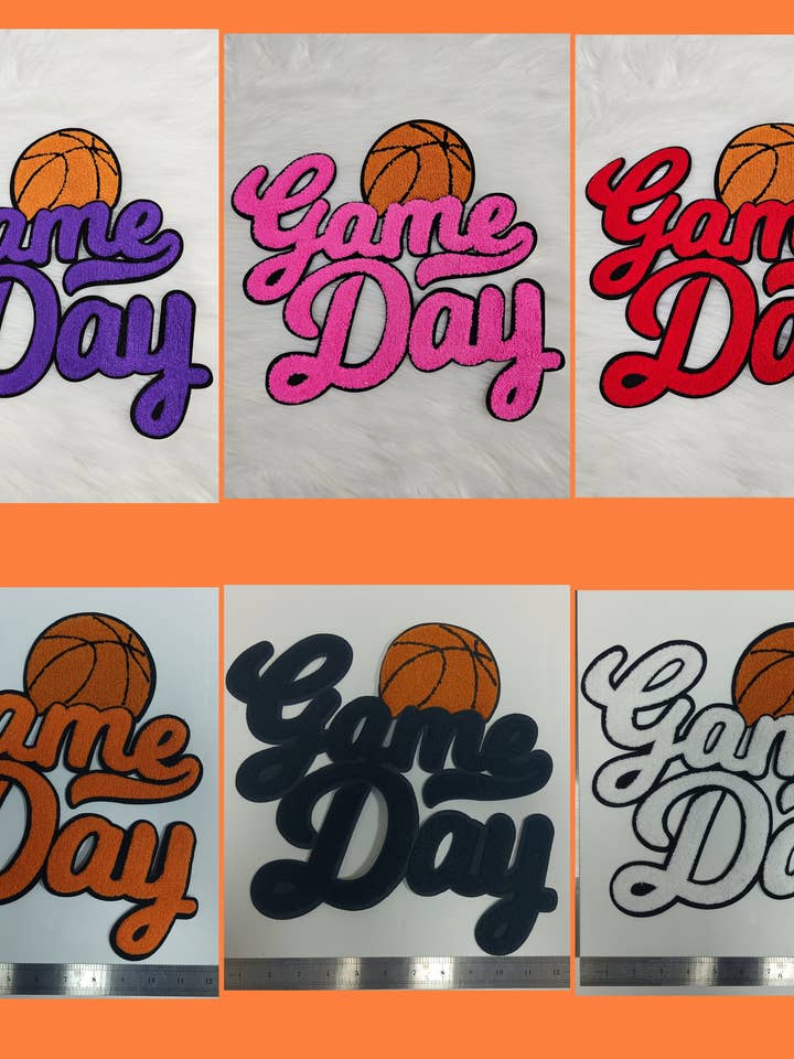 Large Game Day Basketball Chenille on Black Felt Iron-on Patch for wholesale by Scratch Decor