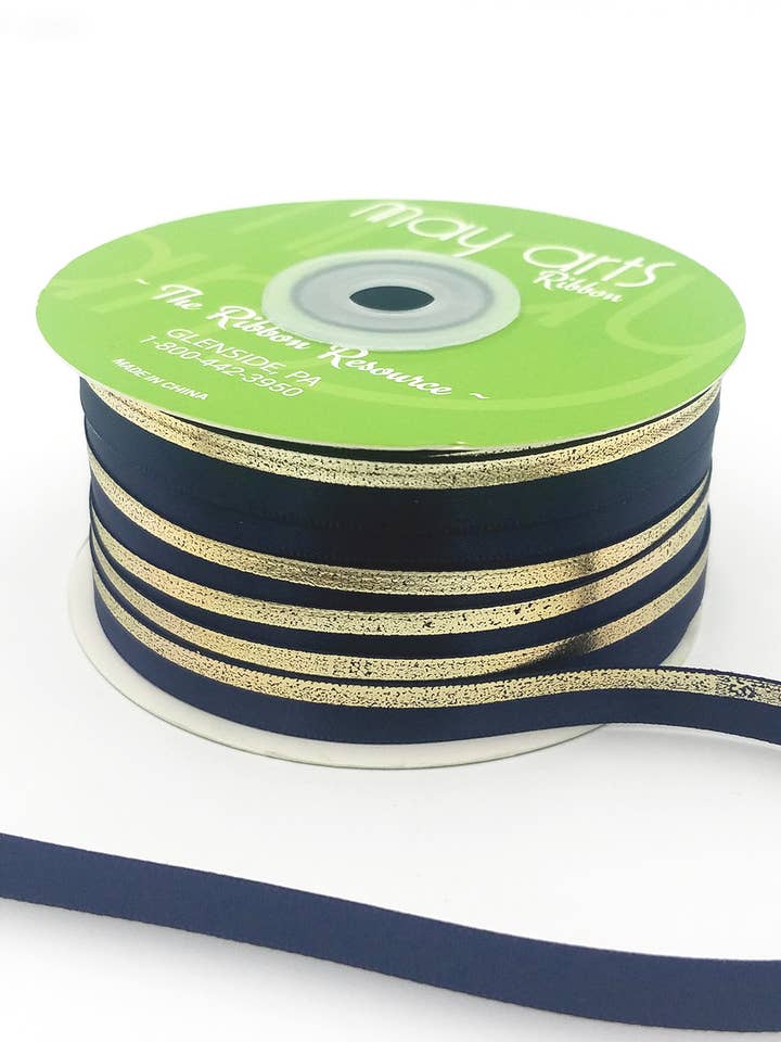 ~3/8″ Navy Blue Single Face Satin Gold Foil Stripe Ribbon for wholesale by May Arts Ribbon