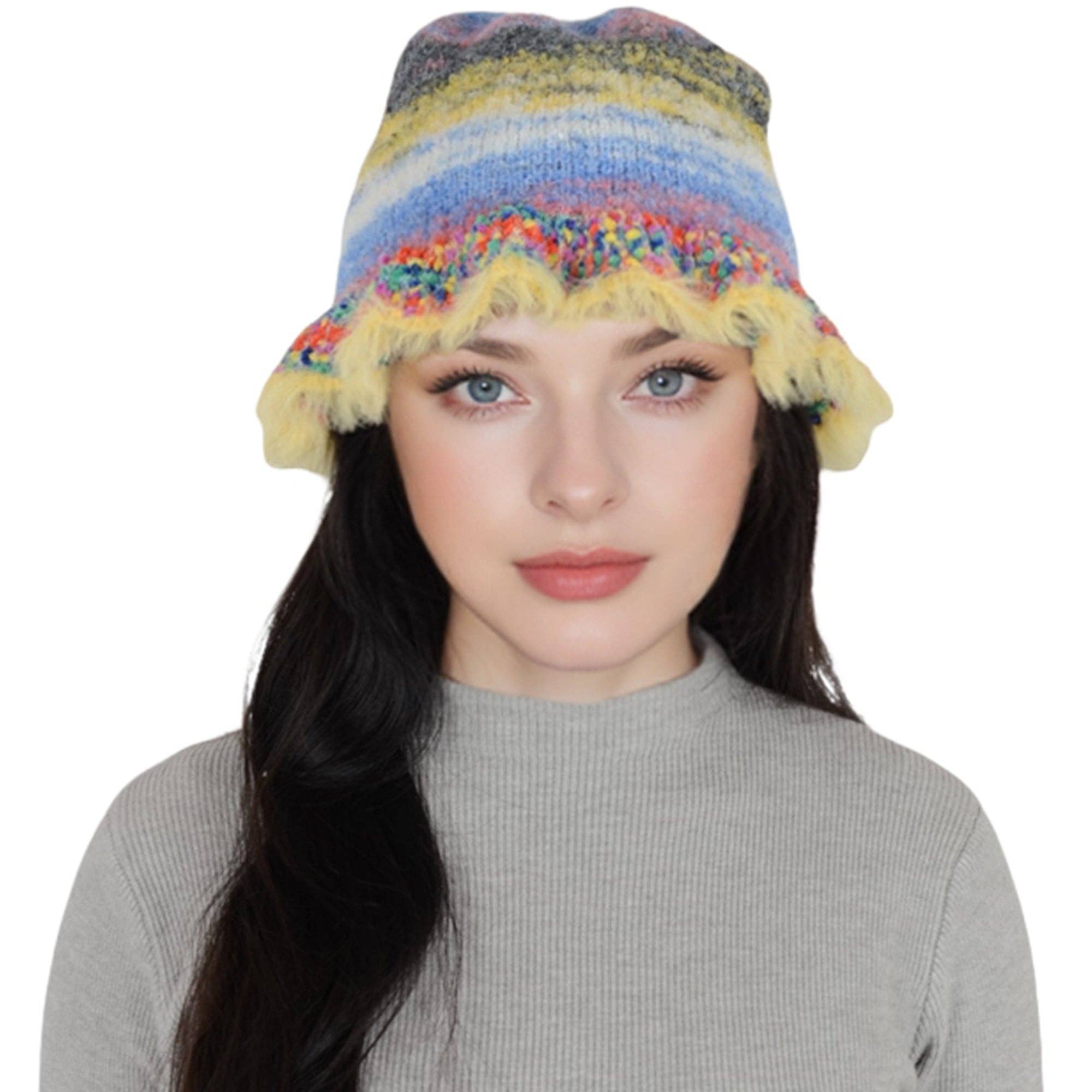 AK Brand – wholesale Bucket hat – Women's – Colorful Striped Knit Bucket Hat Fluffy Winter Fisherman Hat13