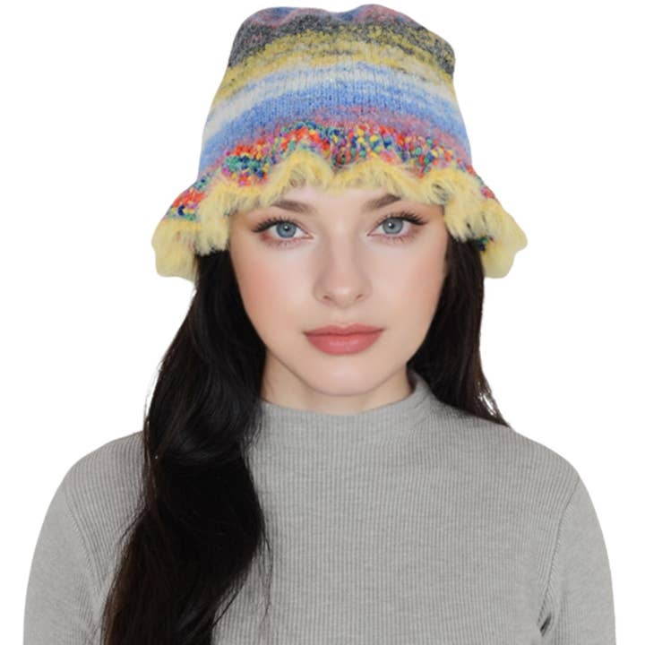 AK Brand – wholesale Bucket hat – Women's – Colorful Striped Knit Bucket Hat Fluffy Winter Fisherman Hat13