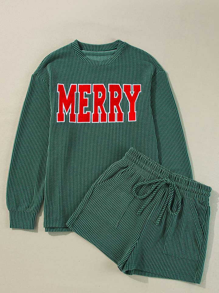 Babs + Birdie – Conjuntos Casual - Mulher por atacado – Conjunto de blusa e calções de manga comprida com gráfico MERRY com cordão5