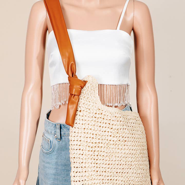 Mala de Palha Entrançada com Alça de Pele Sintética por atacado de Collections by Fame Accessories