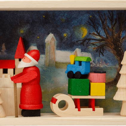 WOODEN GREETING CARD 'SANTA CLAUS WITH SLEDGE' for wholesale by Graupner Holzminiaturen
