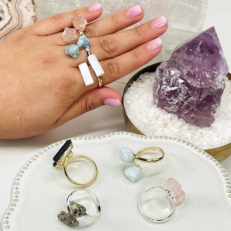 Rock Paradise – wholesale Single stone/solitaire ring – Assorted Double Crystal Rings - Aquamarine, Selenite, Quartz2