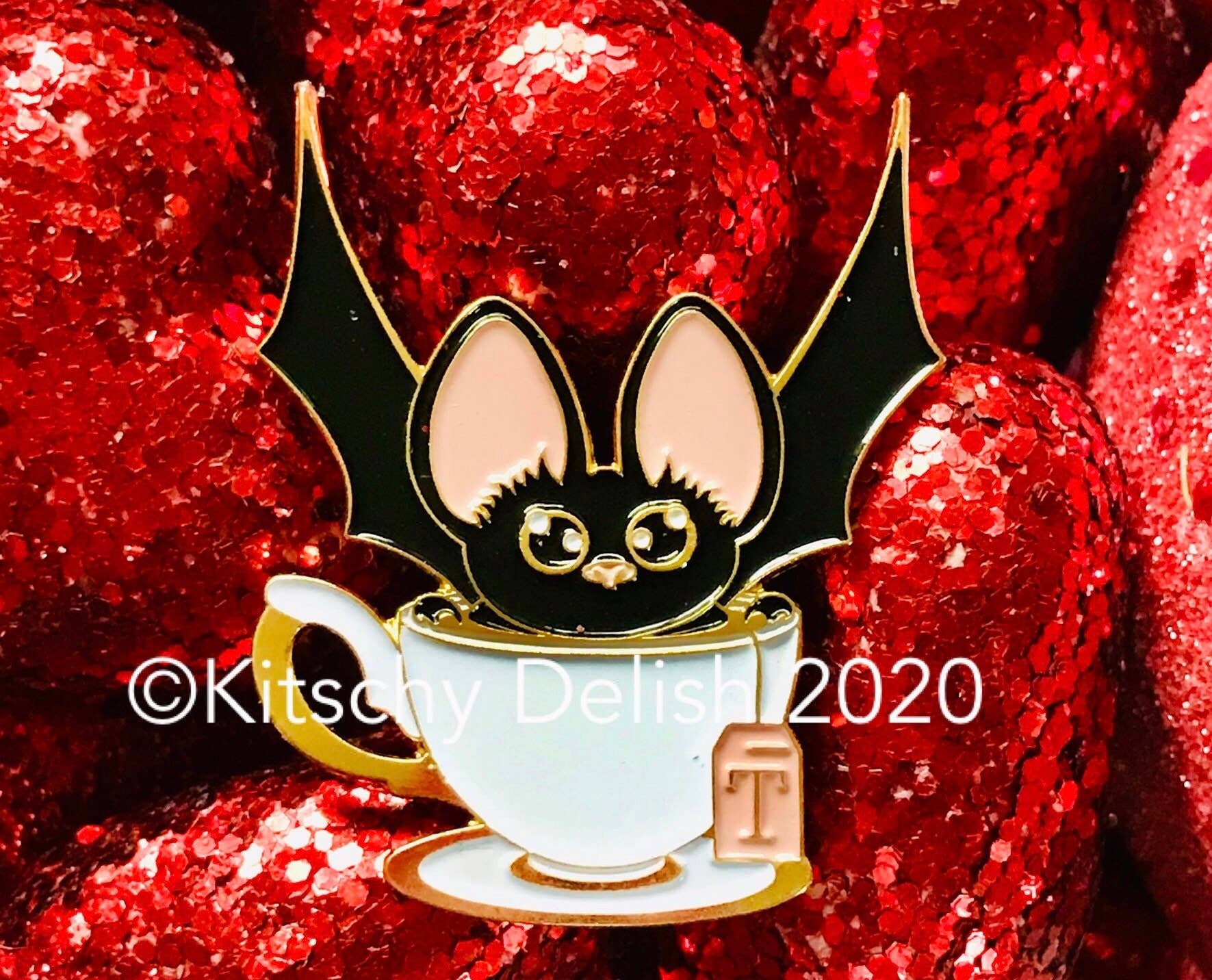 Kitschy Delish - Wholesale Lapel Pin/Button - Bat + Tea soft enamel pin!3