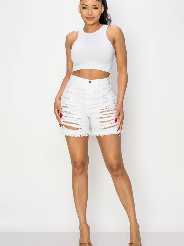 Jean court décontracté pour femmes blanc détruit N8170 pour la vente par The Map Jeans