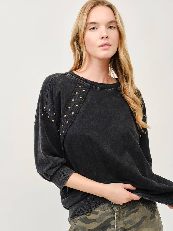 Washed Black Studded Relaxed Fit Sweatshirt Top for wholesale by AIBLEE