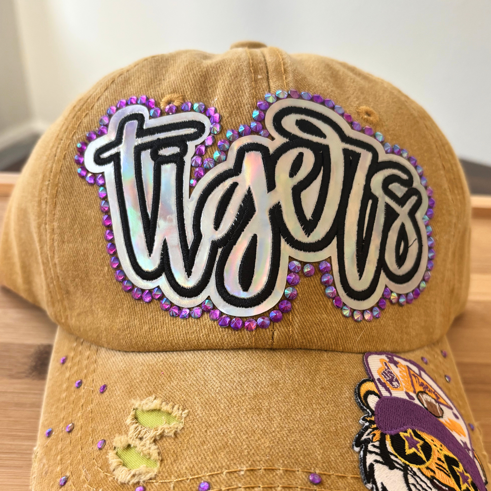 Page and Riggs Designs, LLC - Wholesale Baseball Cap - Women's - Tigers Game Day Hat – Mustard with Bling & Mascot Patch2