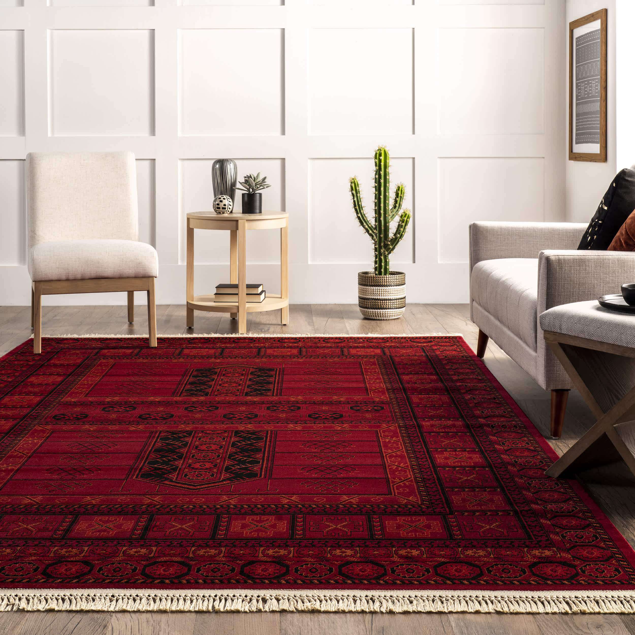 Red Billie Traditional Paneled Fringe Area Rug for wholesale on Faire6