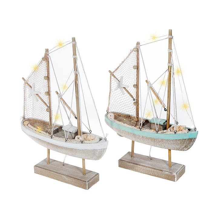 Velero de madera con luces LED decorativo mediano a rayas azules y blancas para venta al por mayor de IH Casa Decor