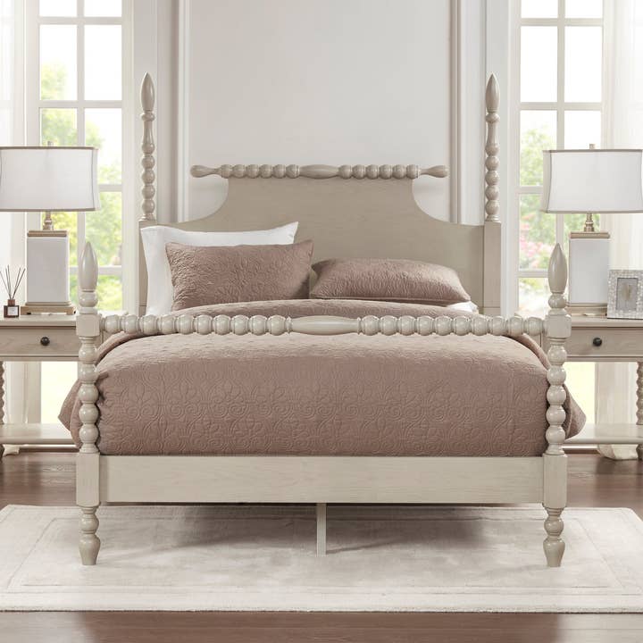 Olliix - Vente Lit - Cadre de lit à colonnes tournées style rouleau, crème antique*0