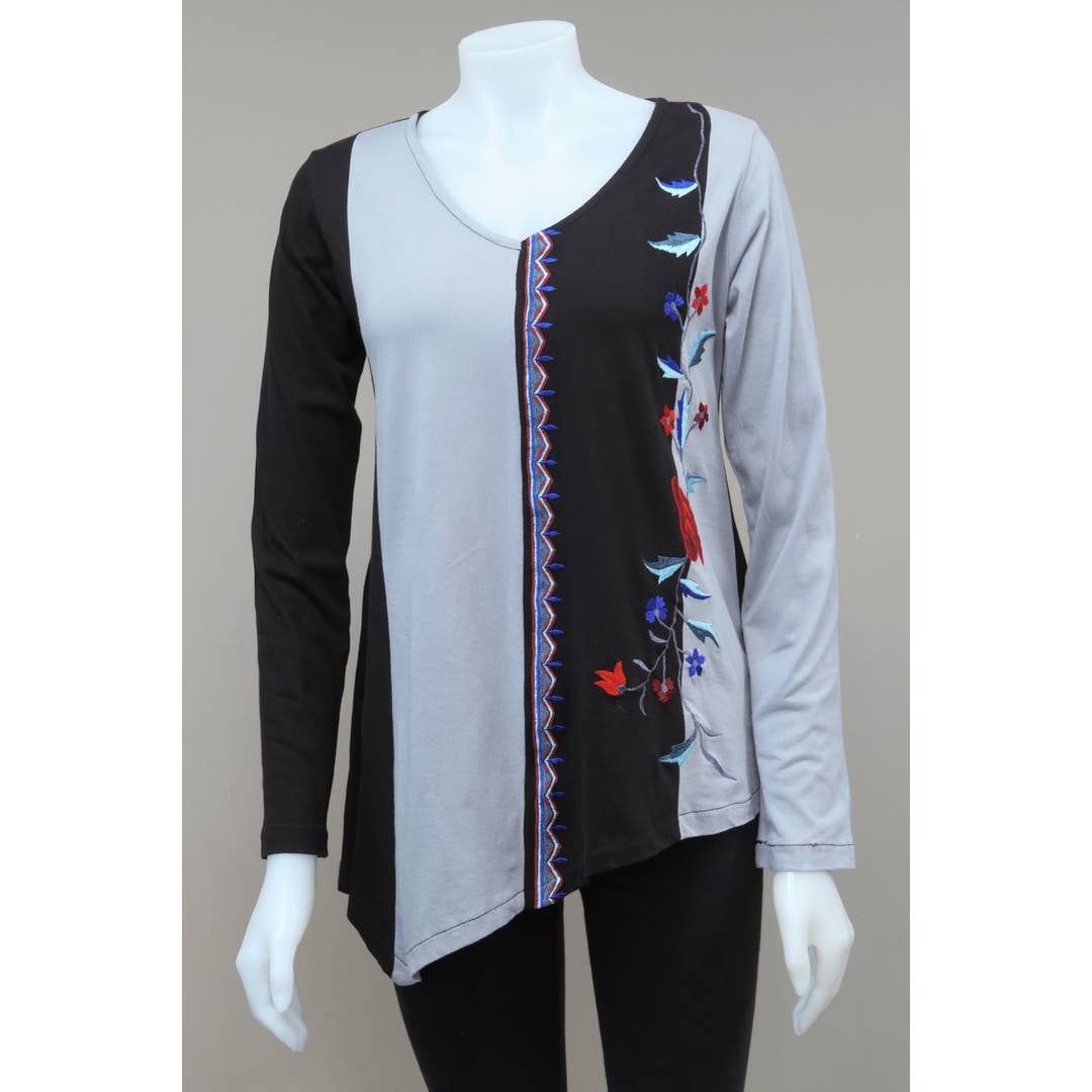 RJ-T8822-LGR - V-neck Panelled Emb. Tunic for wholesale by Leopards & Roses