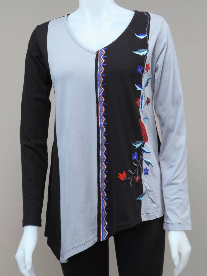 RJ-T8822-LGR - V-neck Panelled Emb. Tunic for wholesale by Leopards & Roses