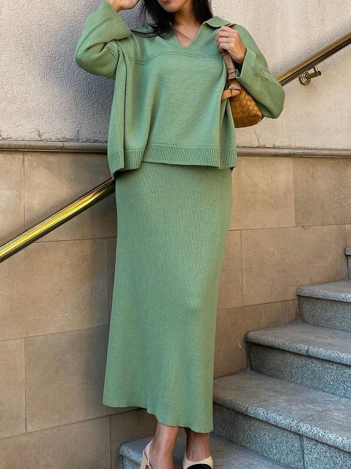 NINEXIS - Wholesale Top & Skirt Set - Women's - CWSS0750_KNITTED V-NECK LONG SLEEVE SWEATER SKIRT SET1