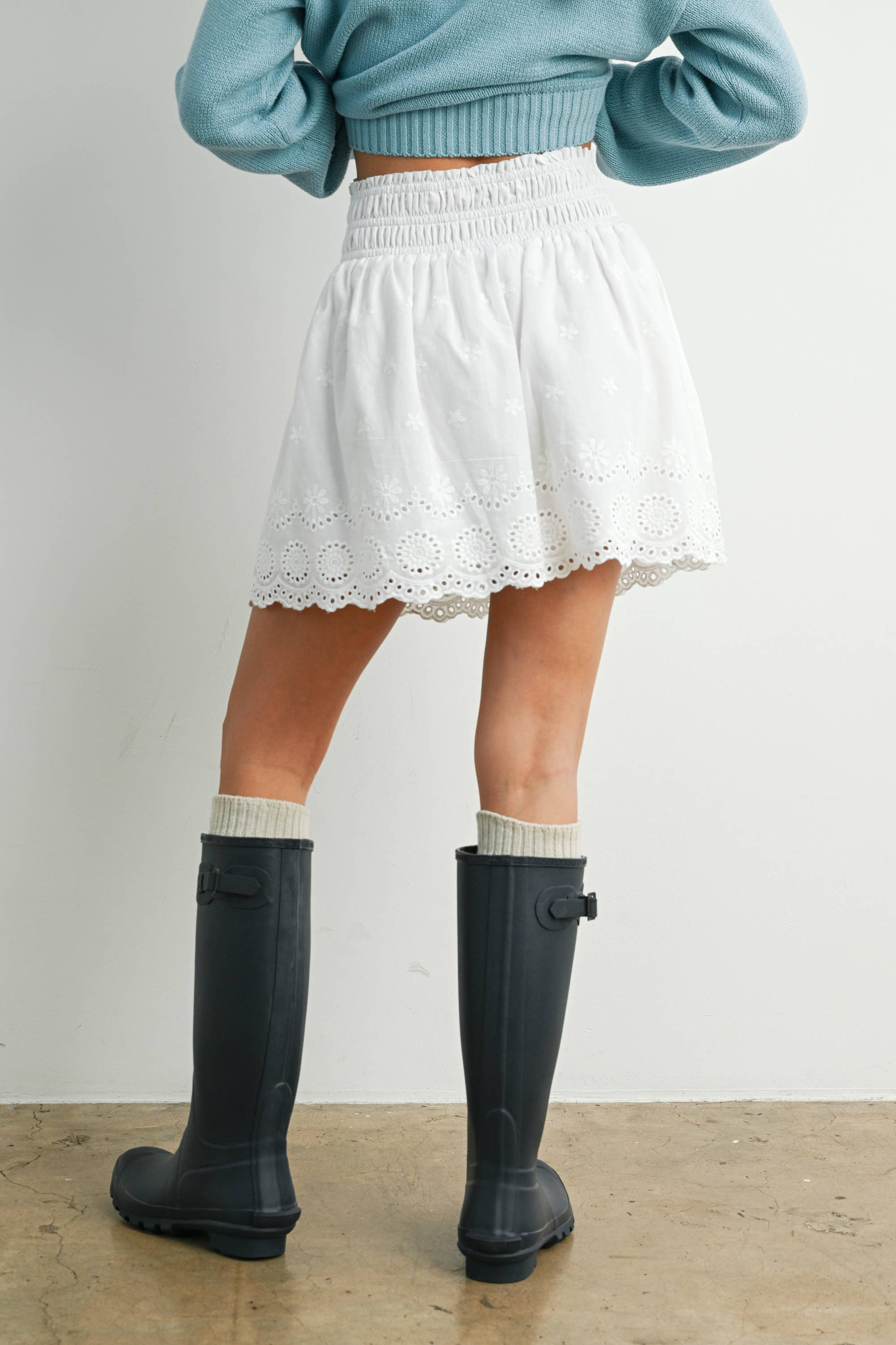 WHITE Eyelet Ruffle Smocked Skirt - BMS7764 for wholesale on Faire6