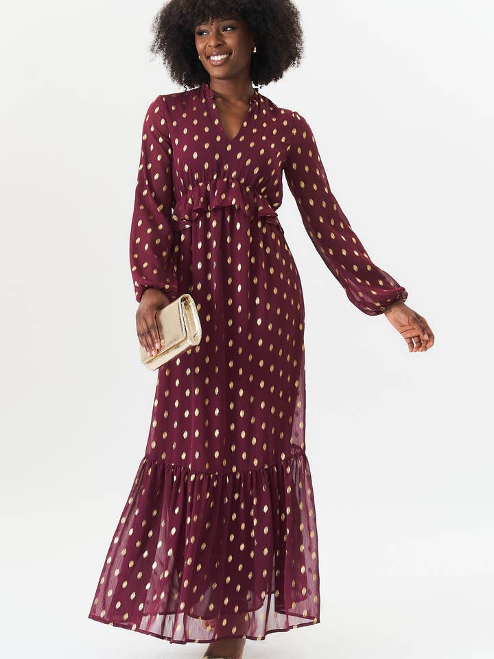 Burgundy Folietryck Volang Midiklänning för wholesale av GINI LONDON