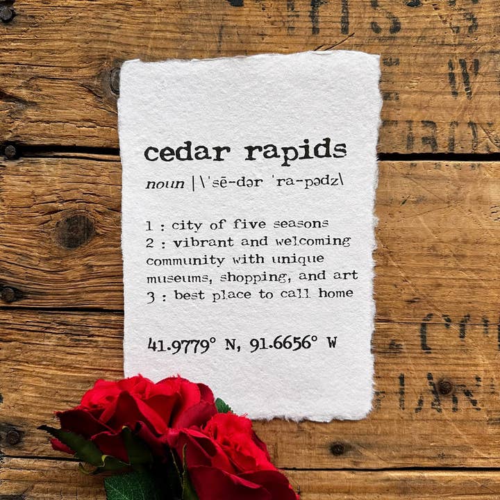 Cedar Rapids Iowa definition trykt på håndlavet papir for engroshandel hos Alison Rose Vintage