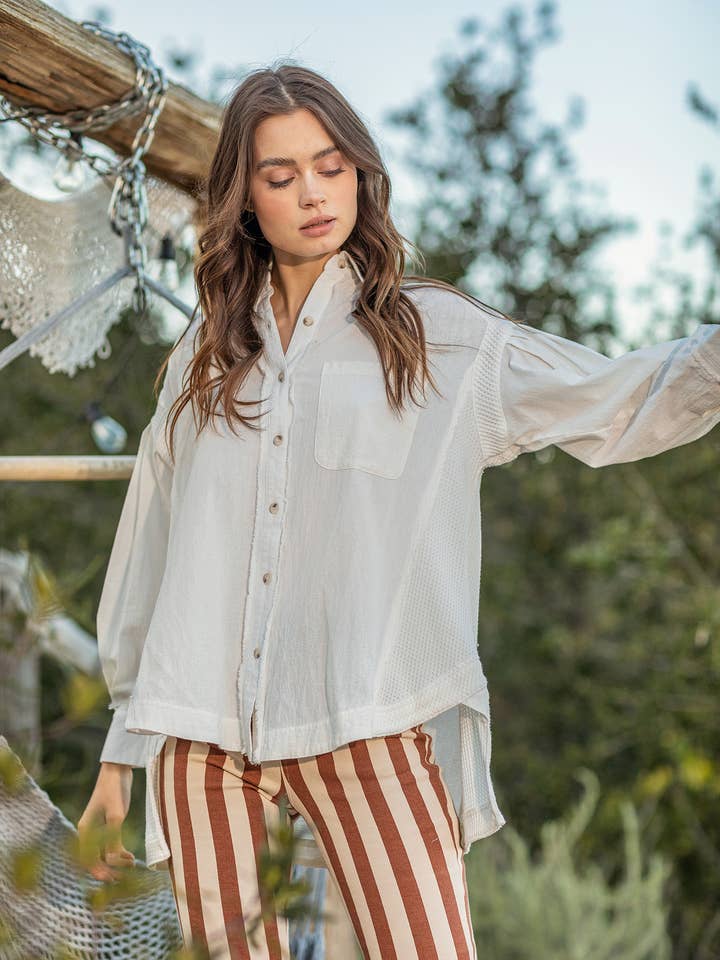 TEXTURED DREAMY BUTTON DOWN SHIRT for wholesale by Gypsie Jane