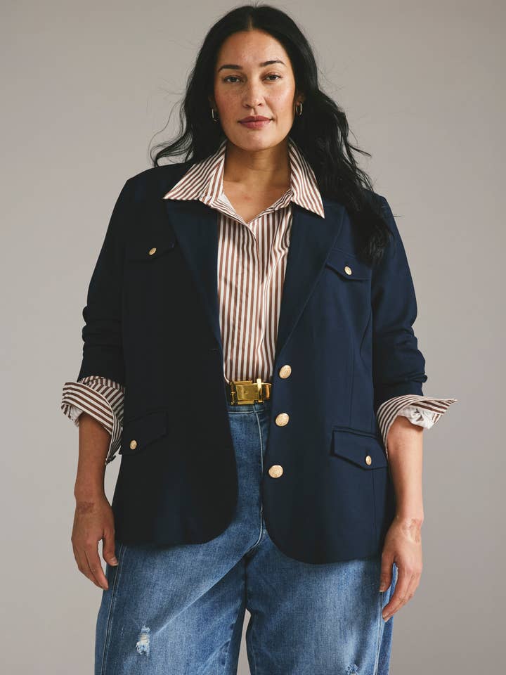 4 Pocket Ponte Blazer - Navy with Gold Buttons for wholesale by Universal Standard