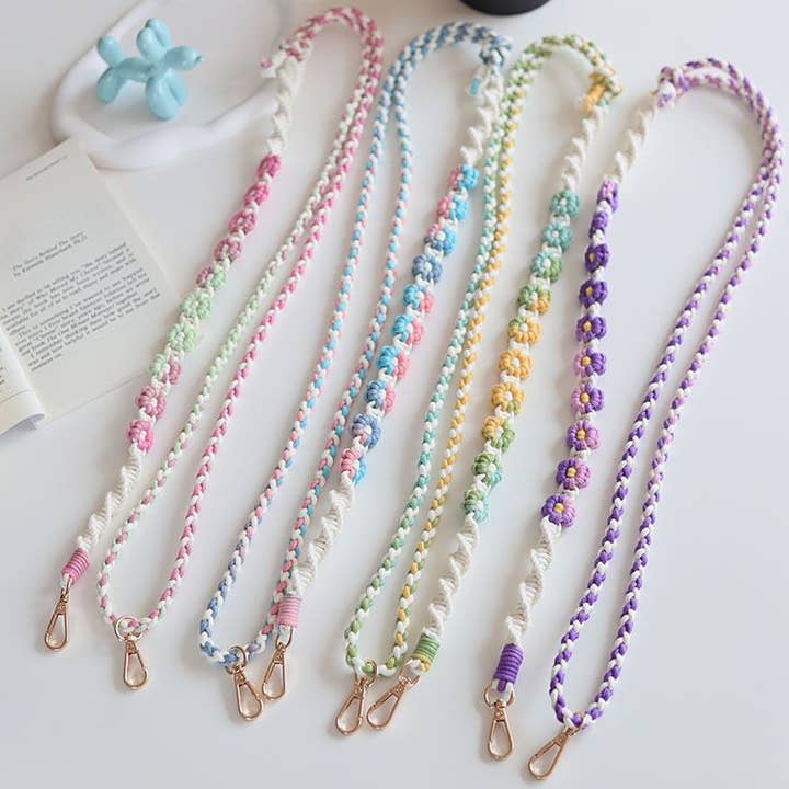 Macrame flower pattern lanyard camera strap, phone strap for wholesale by Weavey Studio