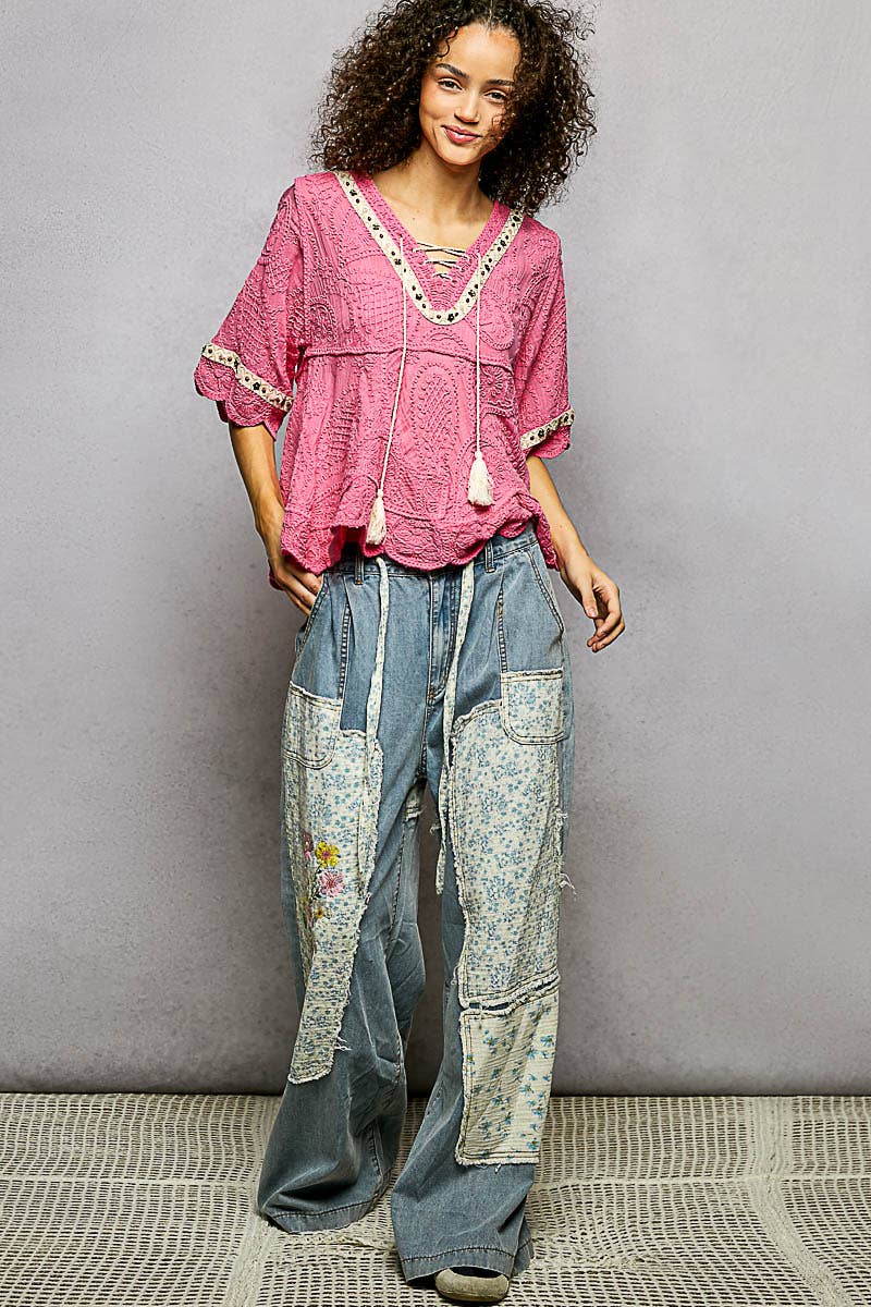 Pol Clothing - Wholesale Blouse - Women's - Short Sleeve Adjustable Drawstring Crochet V Neck Top19