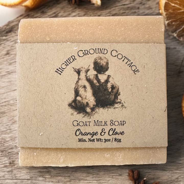 Sinaasappel & Kruidnagel Geitenmelk & Talk Zeep voor wholesale door Higher Ground Cottage