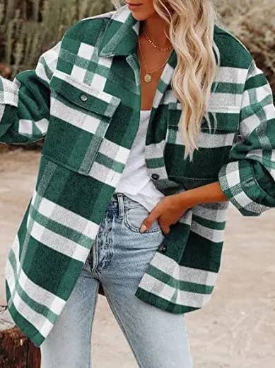 Lovesoft – wholesale Shirt Jacket/Shacket - Women’s – Green Plaid Button Flannel Shirt Jacket
