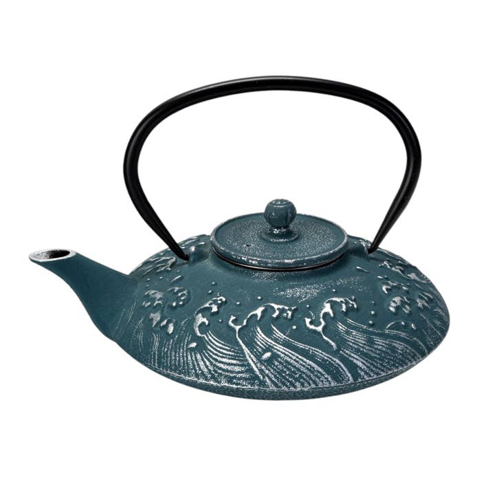 Royal Blue Waves 27oz Cast Iron Tea Pot (1/8) for wholesale by Urban Tokyo