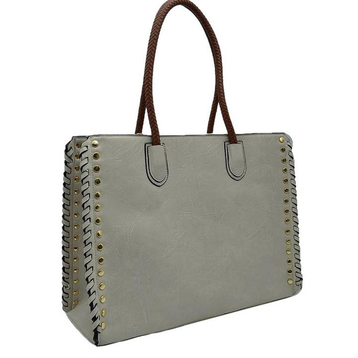 Studded Faux Leather Whipstitch Shoulder Bag Tote Bag for wholesale by Madeline Love