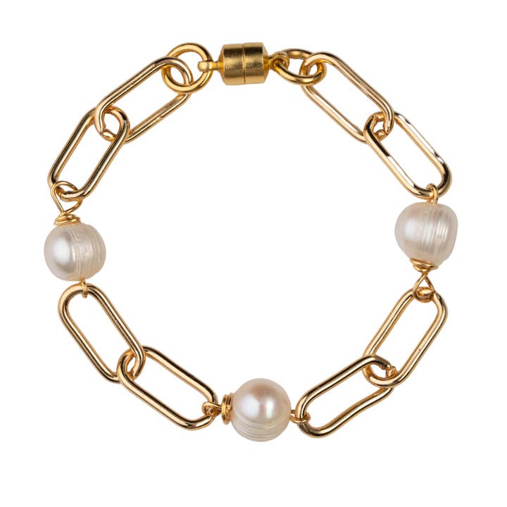 Gold paperclip and pearl chain bracelet for wholesale by ali & bird jewelry