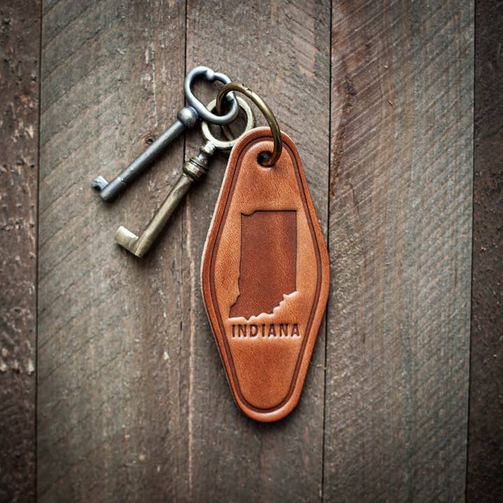 Indiana State Silhouette Leather Keychain Motel Style for wholesale by Sugarhouse Leather