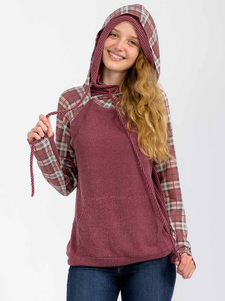 Rib Plaid Contrast Drawstring Hoodie T6041 for wholesale by 7th Ray