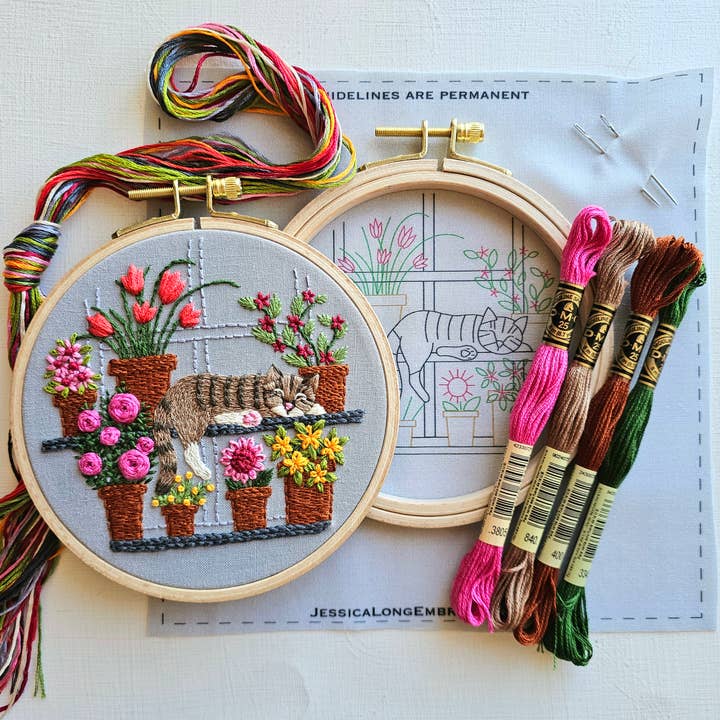 Jessica Long Embroidery - Wholesale Embroidery/Cross Stitch Supplies - Catnap with Flowers Embroidery Kit
