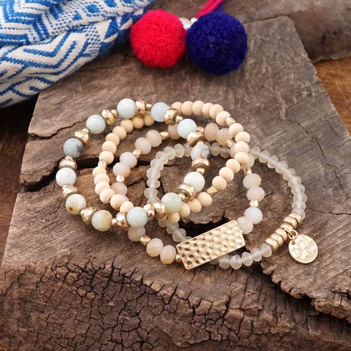 Beaded Bracelets stack of 4 piece with Natural Wood and Semi Precious Amazonite stones glass golden coin for wholesale by PennyLine inc