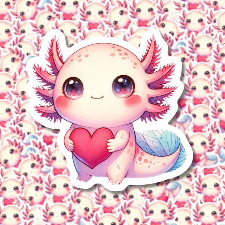 Pegatina de axolote sosteniendo un corazón para venta al por mayor de Fuzzy Loon Designs