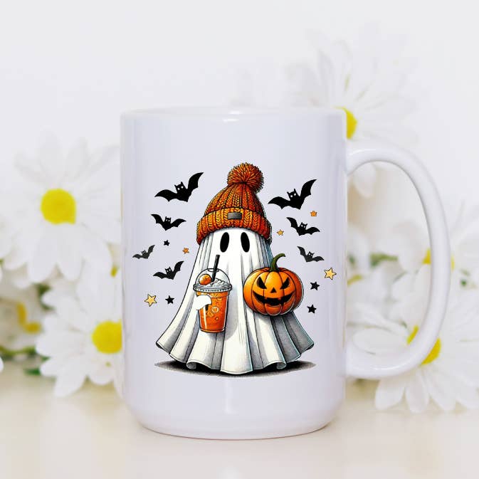 Prairie Chicken Sticker Shop & Gifts - Wholesale Coffee Mug - Cute Ghost With Iced Coffee 15oz Coffee Mug 3