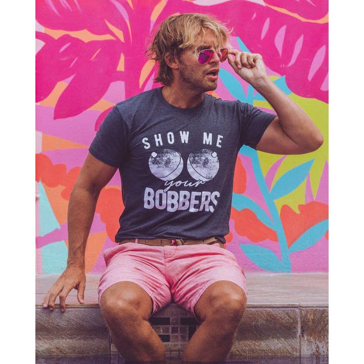 Heather Navy Show Me Your Bobbers Men's Tshirt Fishing Graphic Tee for wholesale on Faire