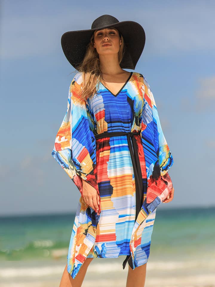 Kaftan met V-hals en sjerp - blauw en zwart voor wholesale door VKY&CO