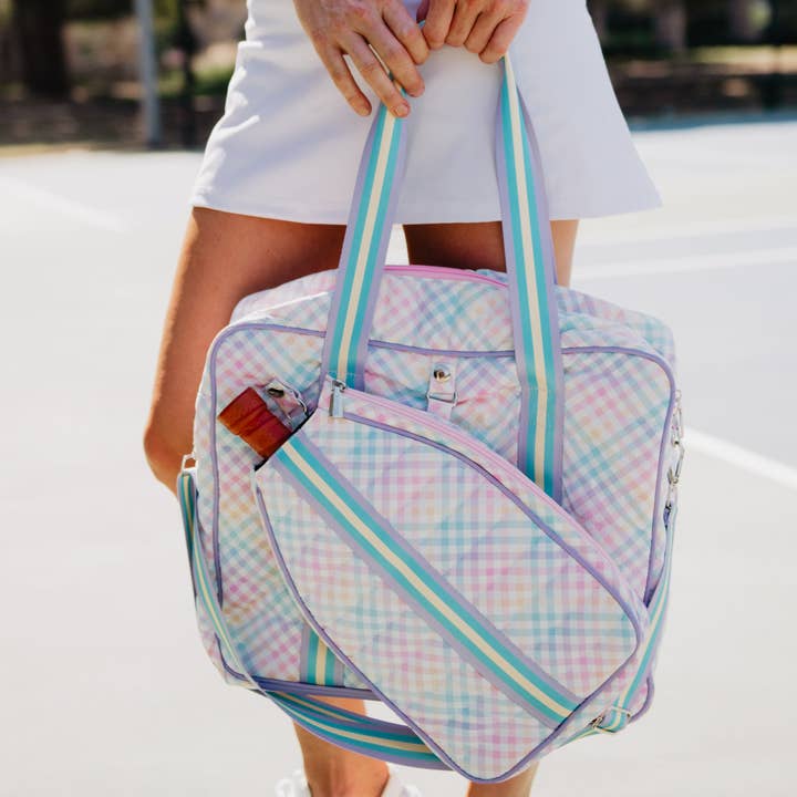 Rainbow Gingham Pickleball Paddle Bag for wholesale on Faire0