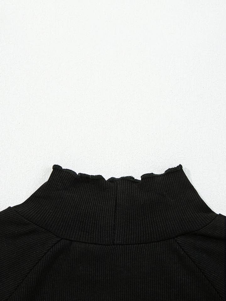 Lovesoft – wholesale Knit top – Women's – Black Ribbed Knit Lettuce Trim High Neck Long Sleeve Top6