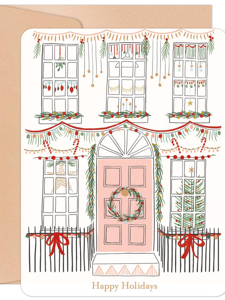 Happy Holidays Decorated House Exterior Christmas Card for wholesale by Willow & Ivy Press